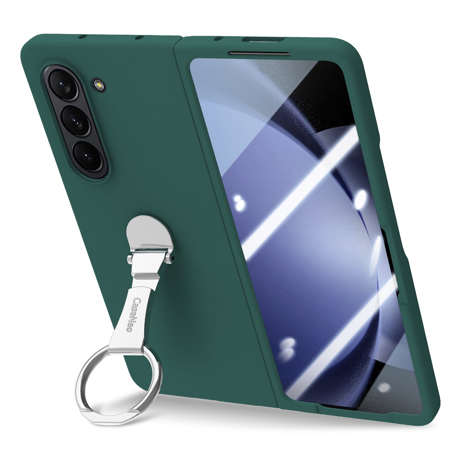 For Samsung Galaxy Z Fold6 5G Case Ring Holder PC Phone Cover with Tempered Glass Film - Dark Green