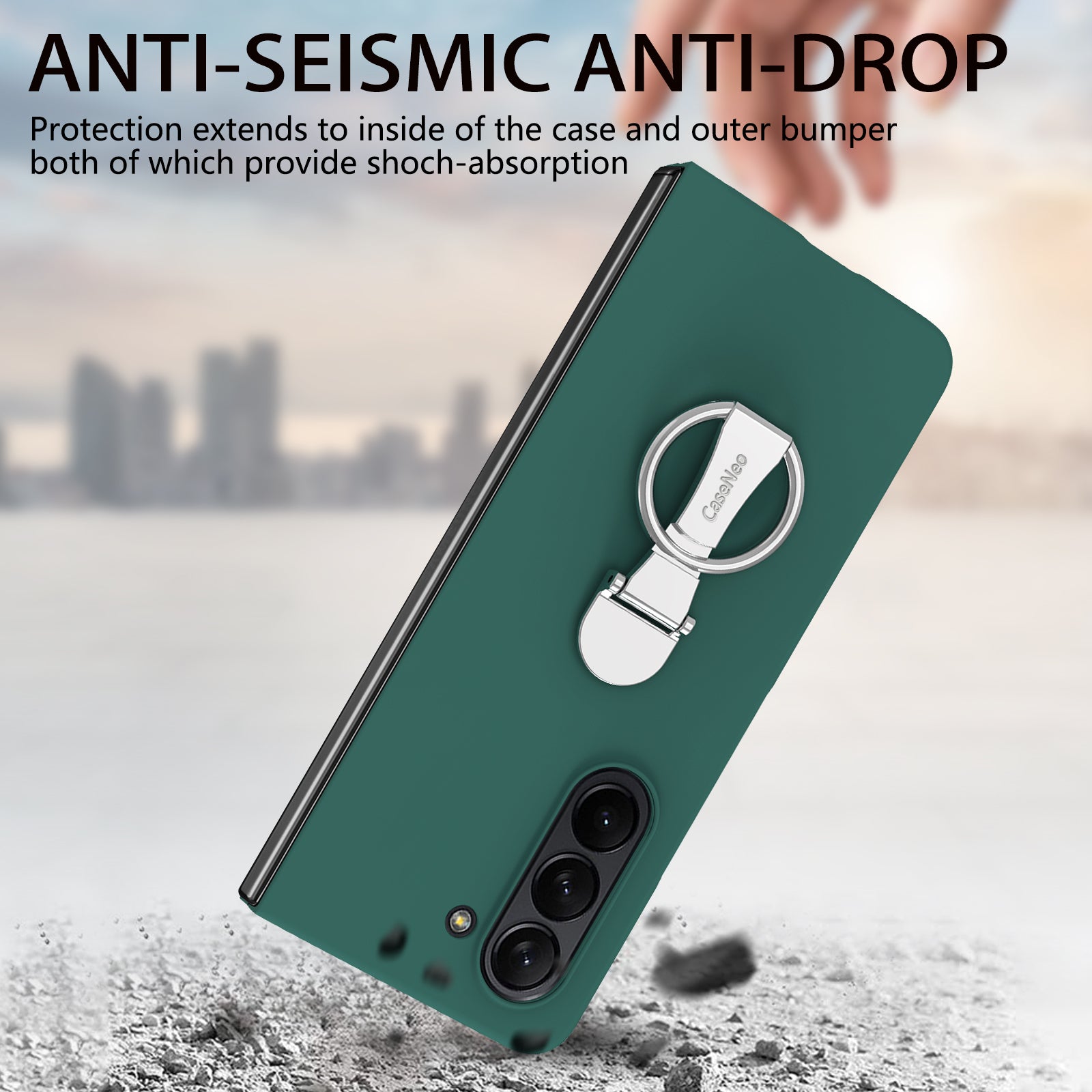 For Samsung Galaxy Z Fold6 5G Case Ring Holder PC Phone Cover with Tempered Glass Film - Dark Green