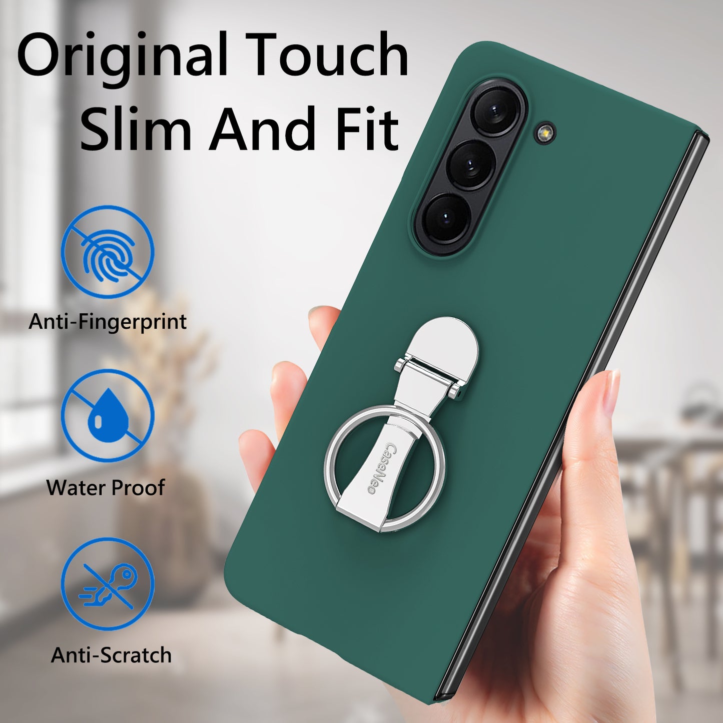 For Samsung Galaxy Z Fold6 5G Case Ring Holder PC Phone Cover with Tempered Glass Film - Dark Green