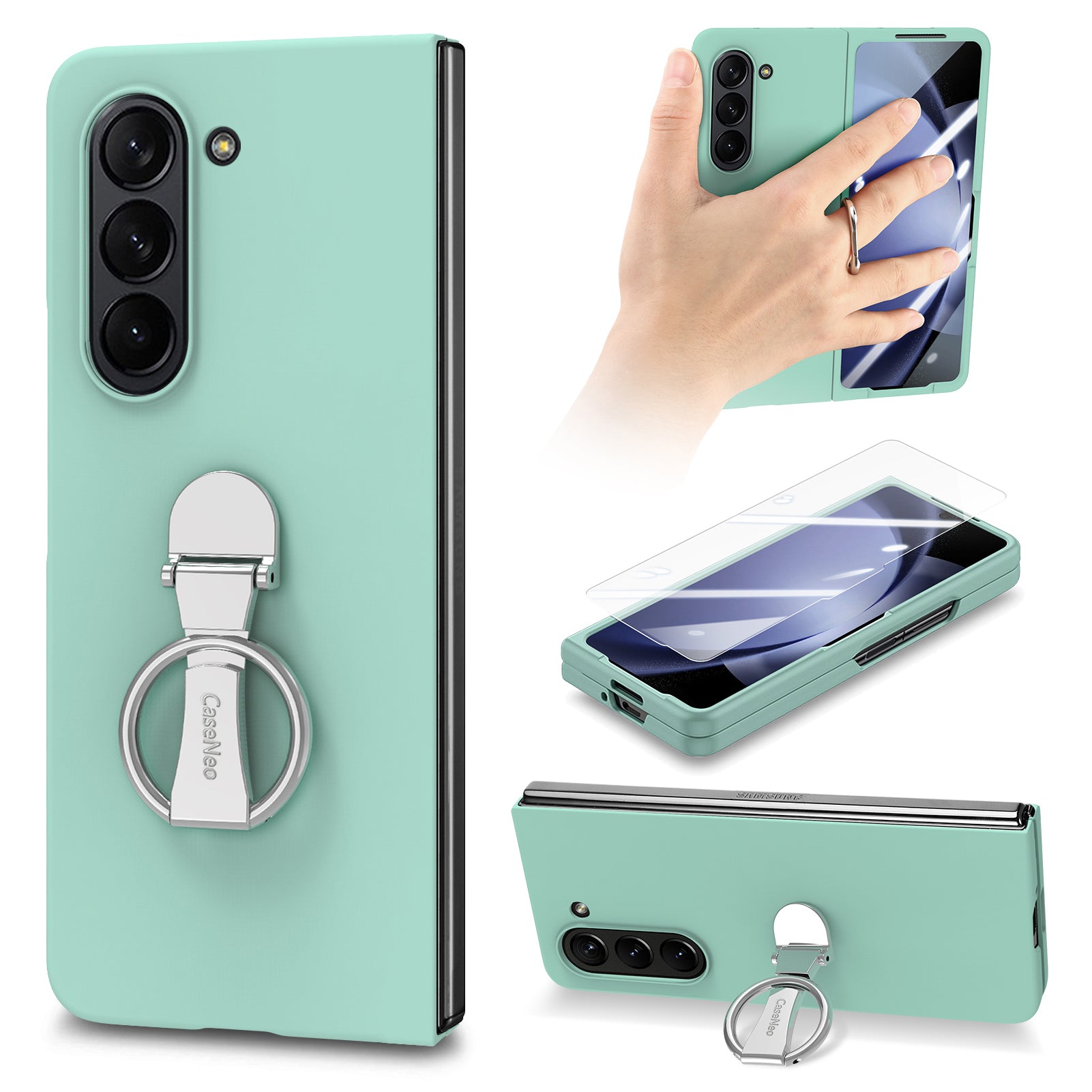 For Samsung Galaxy Z Fold6 5G Case Ring Holder PC Phone Cover with Tempered Glass Film - Light Green