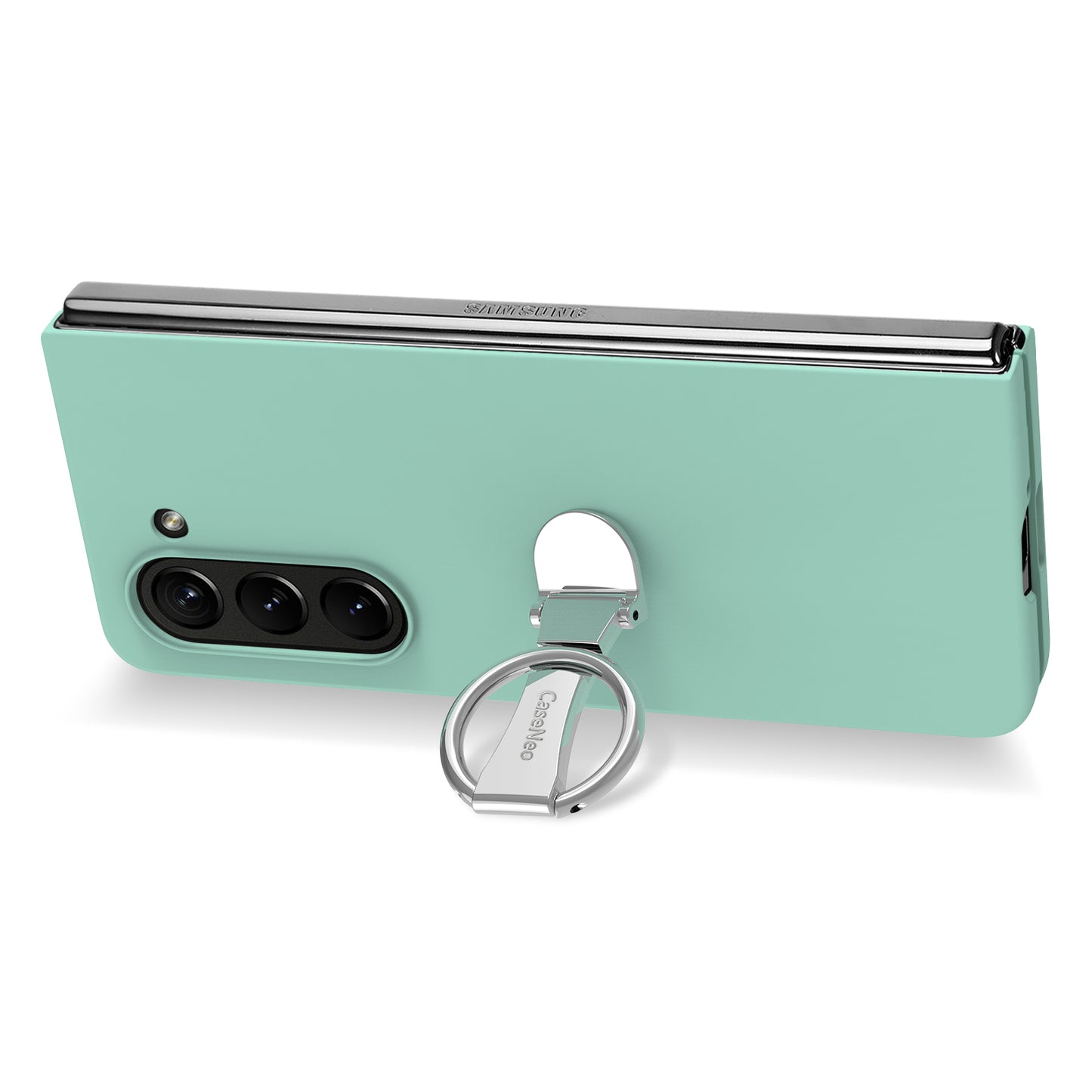 For Samsung Galaxy Z Fold6 5G Case Ring Holder PC Phone Cover with Tempered Glass Film - Light Green