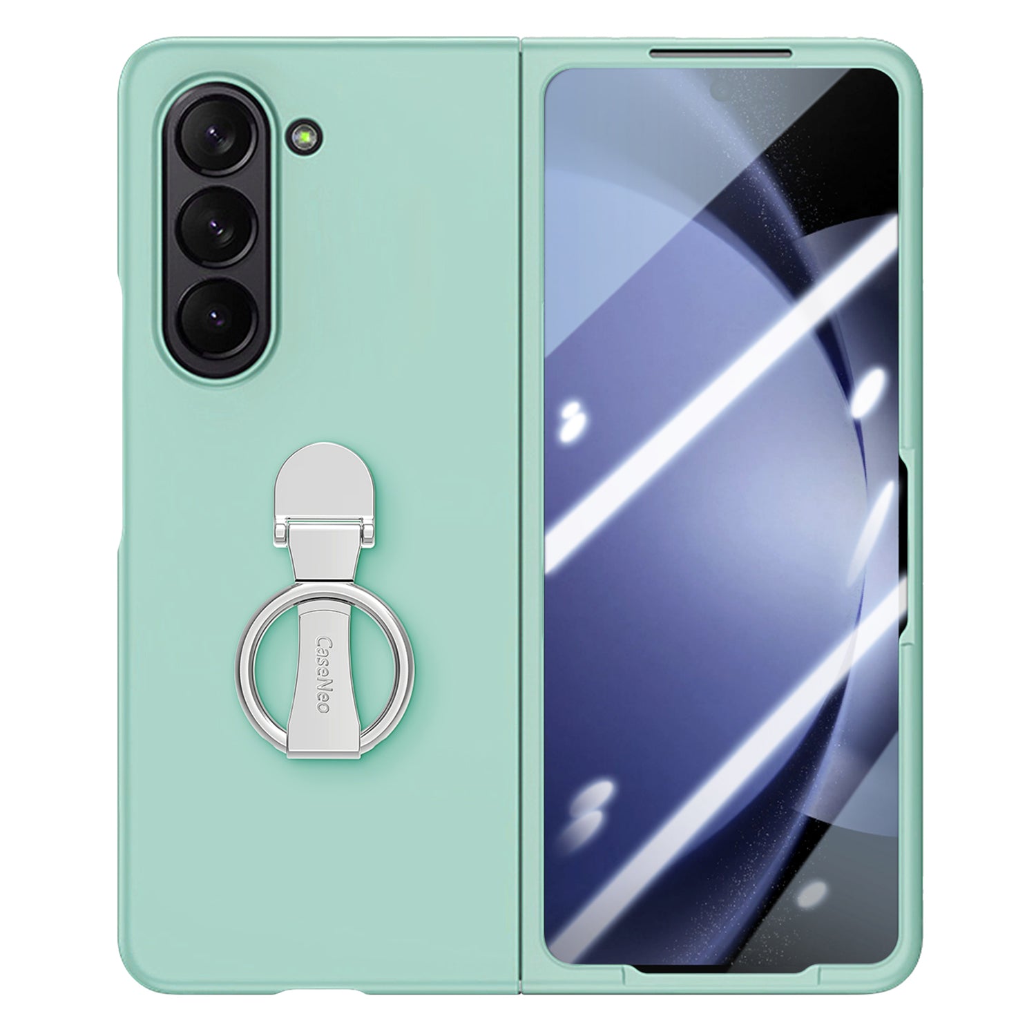 For Samsung Galaxy Z Fold6 5G Case Ring Holder PC Phone Cover with Tempered Glass Film - Light Green