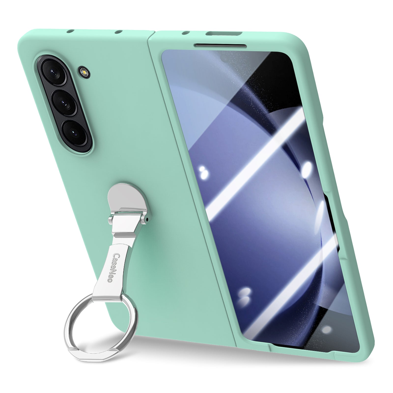 For Samsung Galaxy Z Fold6 5G Case Ring Holder PC Phone Cover with Tempered Glass Film - Light Green
