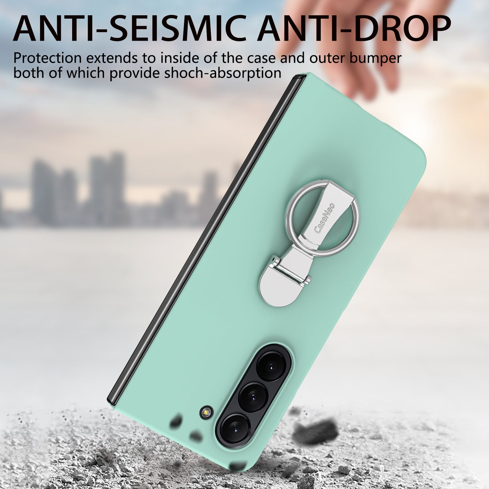 For Samsung Galaxy Z Fold6 5G Case Ring Holder PC Phone Cover with Tempered Glass Film - Light Green