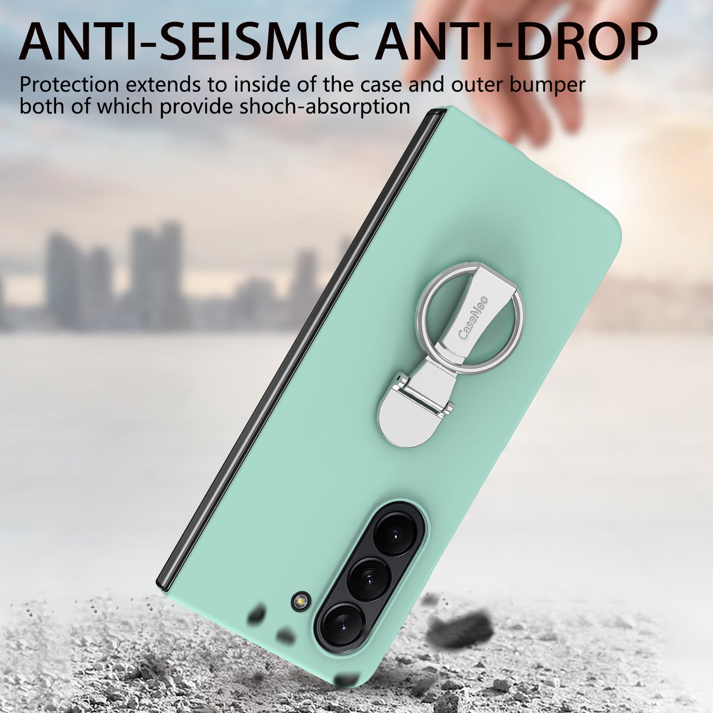 For Samsung Galaxy Z Fold6 5G Case Ring Holder PC Phone Cover with Tempered Glass Film - Light Green