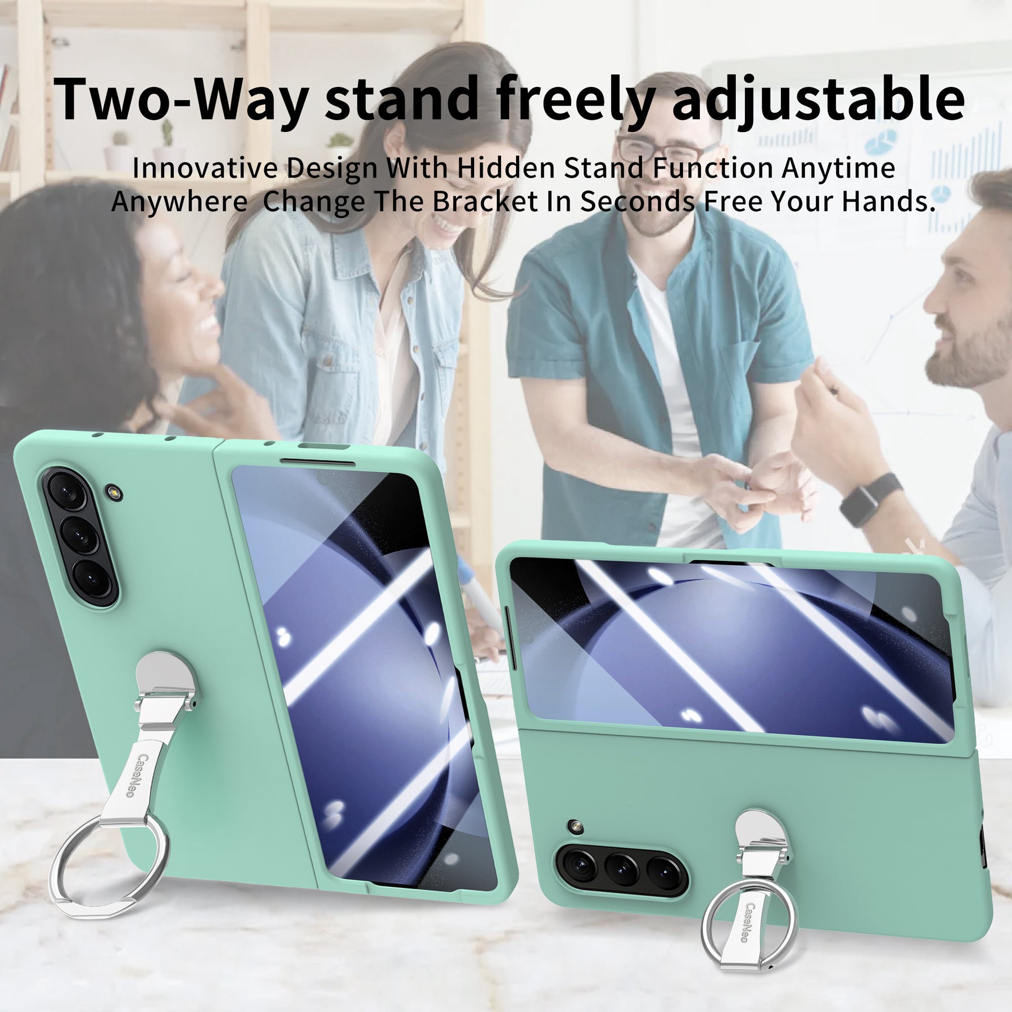 For Samsung Galaxy Z Fold6 5G Case Ring Holder PC Phone Cover with Tempered Glass Film - Light Green