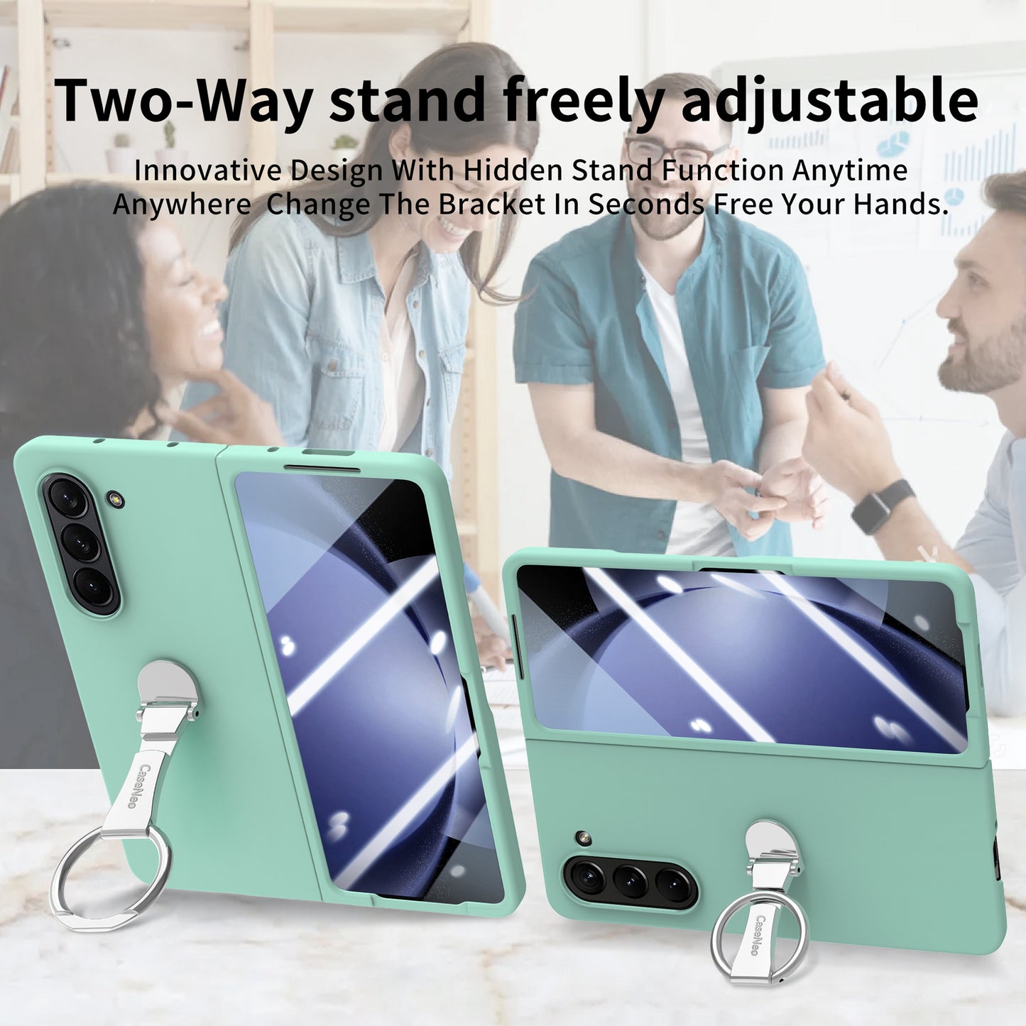 For Samsung Galaxy Z Fold6 5G Case Ring Holder PC Phone Cover with Tempered Glass Film - Light Green