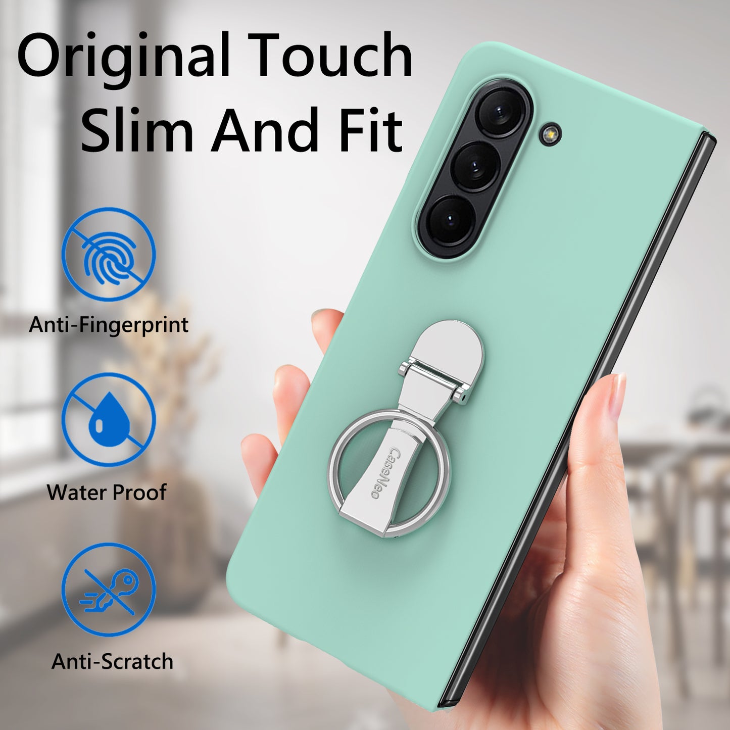 For Samsung Galaxy Z Fold6 5G Case Ring Holder PC Phone Cover with Tempered Glass Film - Light Green