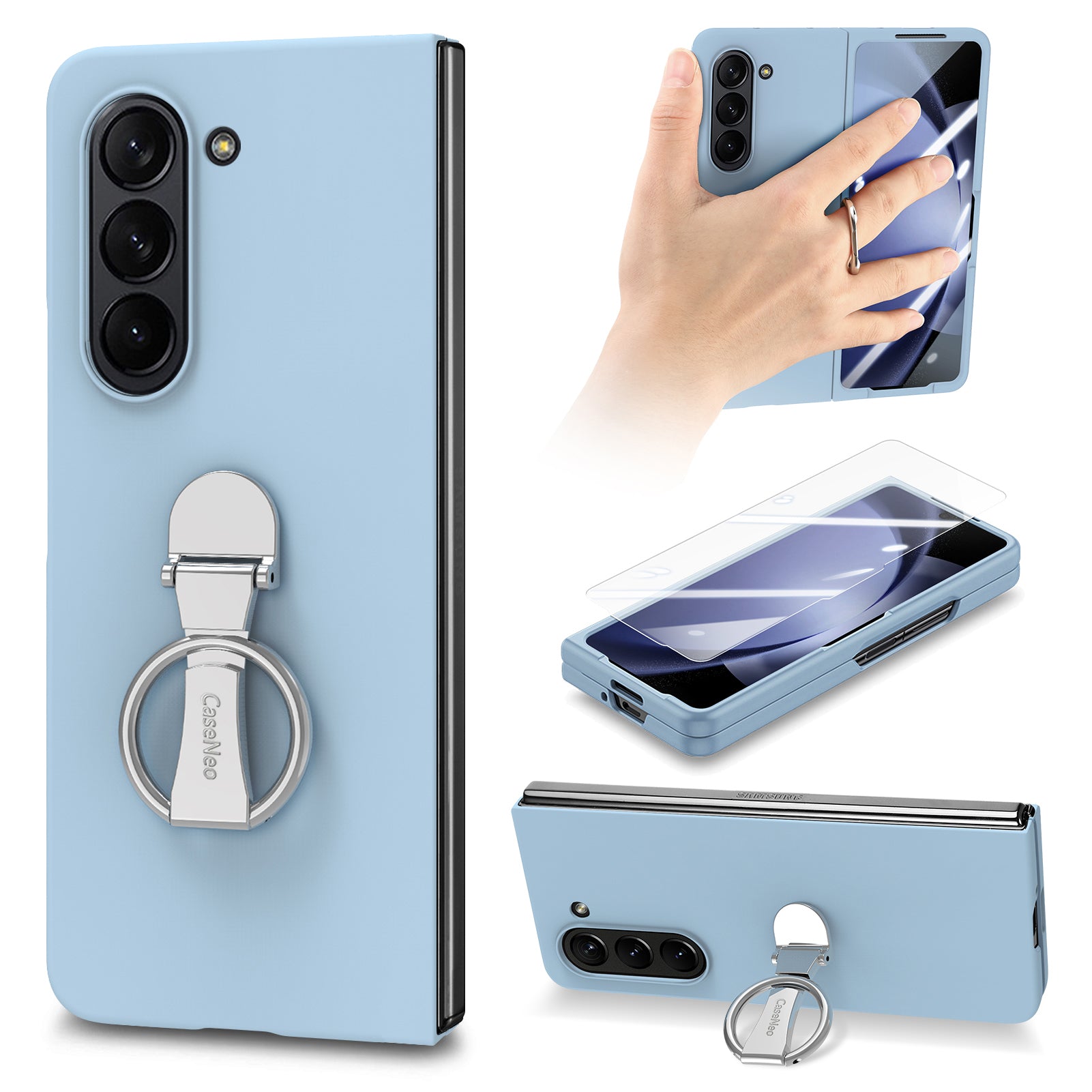 For Samsung Galaxy Z Fold6 5G Case Ring Holder PC Phone Cover with Tempered Glass Film - Baby Blue