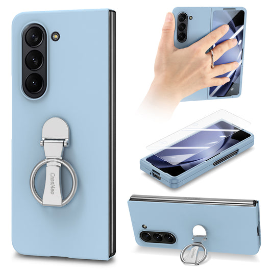 For Samsung Galaxy Z Fold6 5G Case Ring Holder PC Phone Cover with Tempered Glass Film - Baby Blue