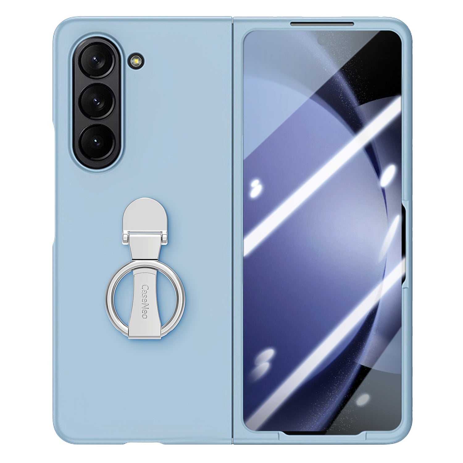 For Samsung Galaxy Z Fold6 5G Case Ring Holder PC Phone Cover with Tempered Glass Film - Baby Blue