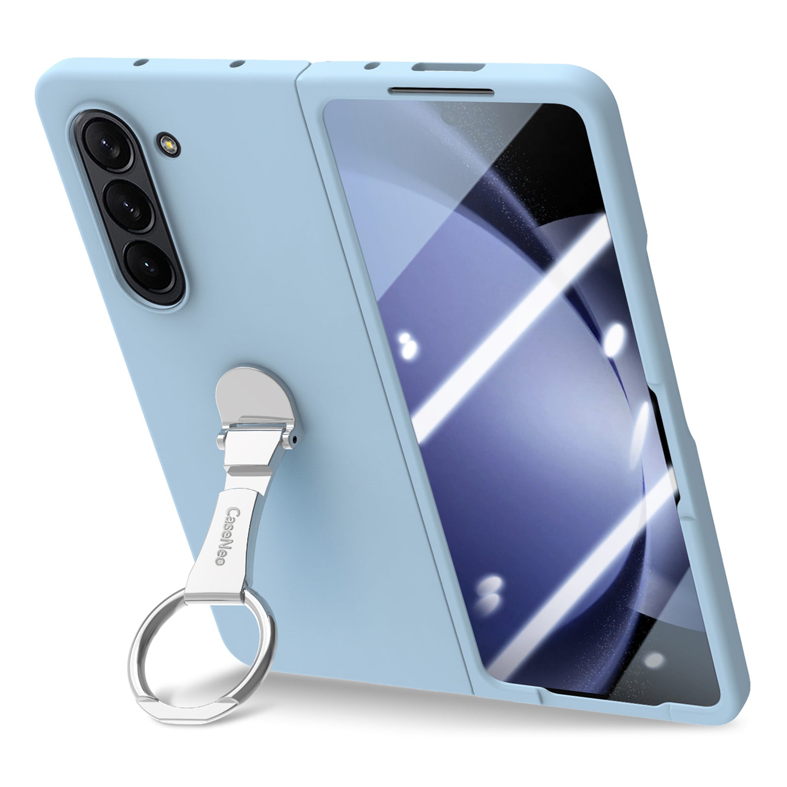 For Samsung Galaxy Z Fold6 5G Case Ring Holder PC Phone Cover with Tempered Glass Film - Baby Blue