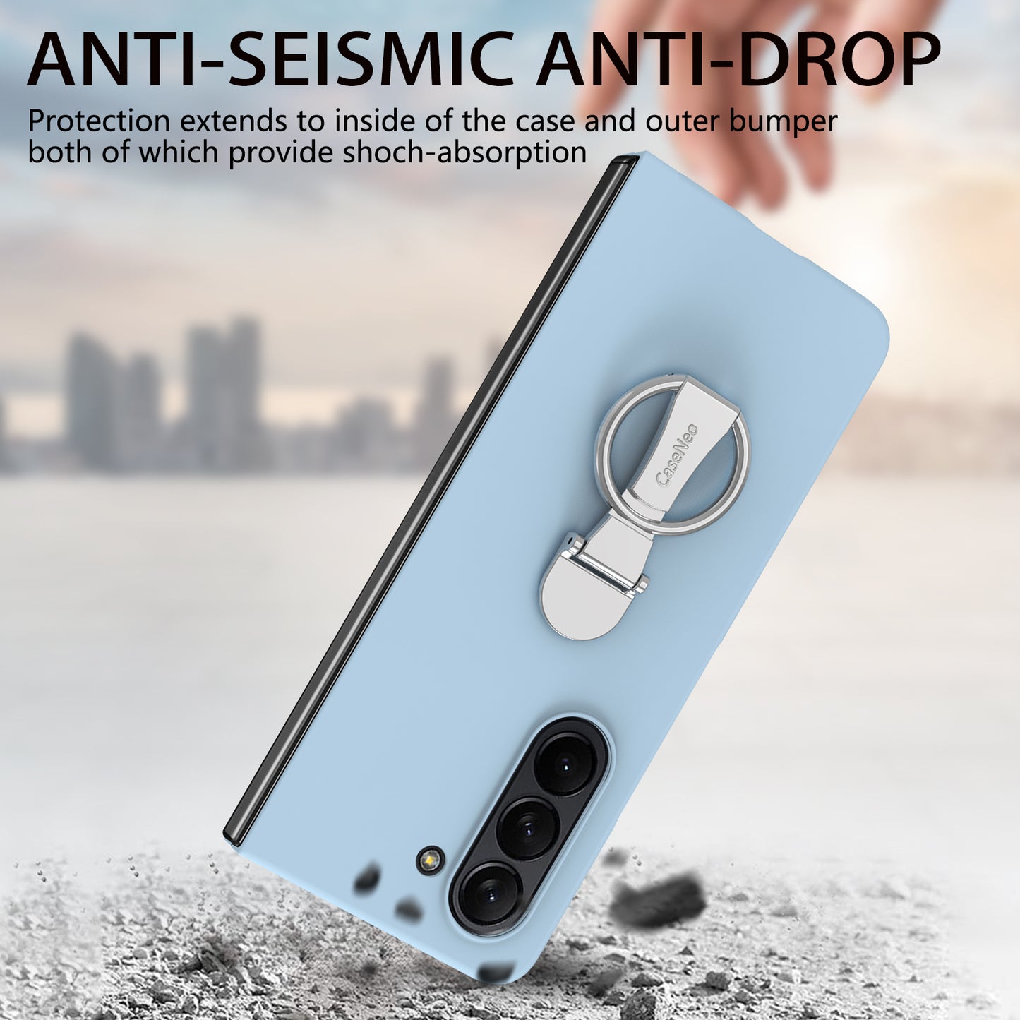 For Samsung Galaxy Z Fold6 5G Case Ring Holder PC Phone Cover with Tempered Glass Film - Baby Blue