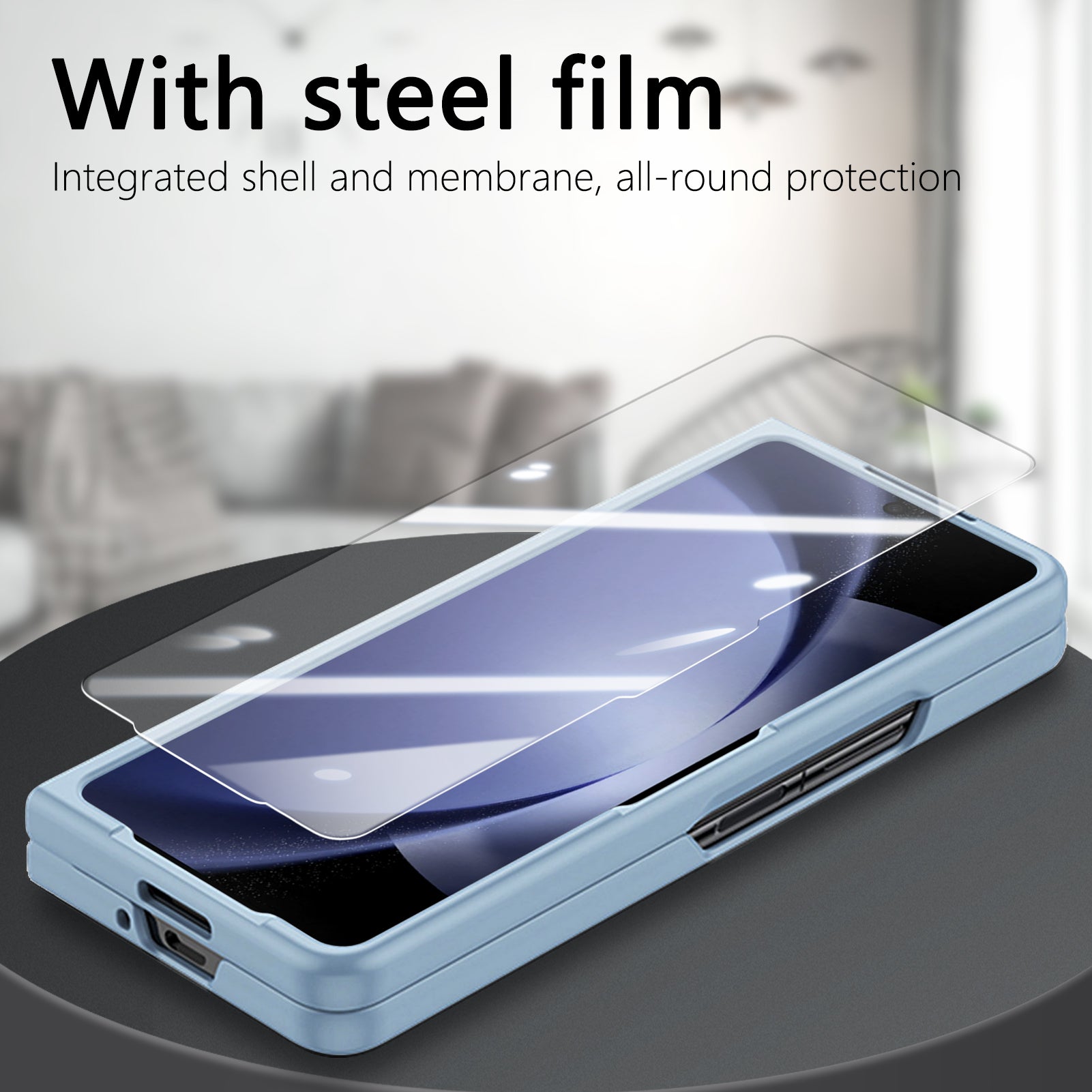 For Samsung Galaxy Z Fold6 5G Case Ring Holder PC Phone Cover with Tempered Glass Film - Baby Blue