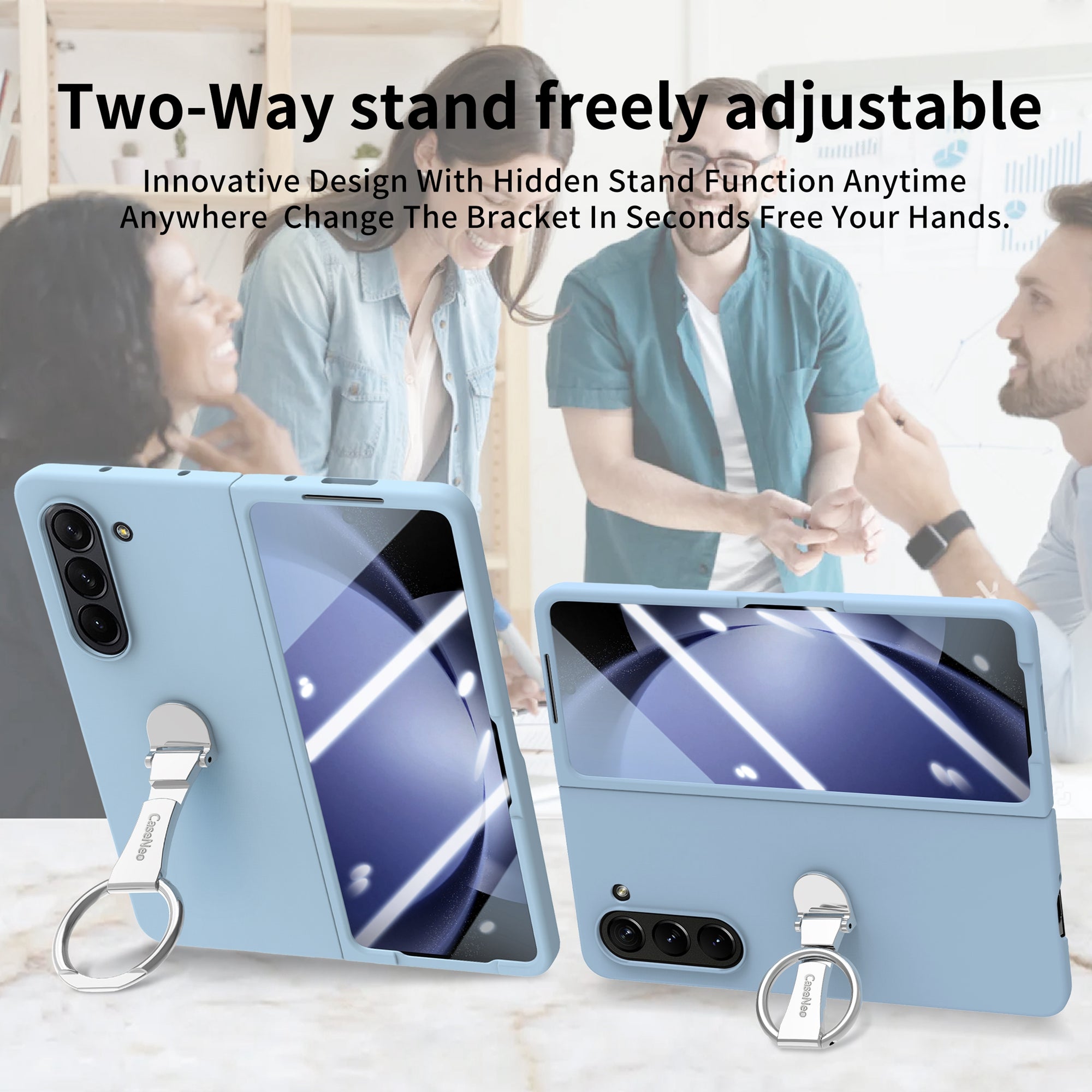 For Samsung Galaxy Z Fold6 5G Case Ring Holder PC Phone Cover with Tempered Glass Film - Baby Blue
