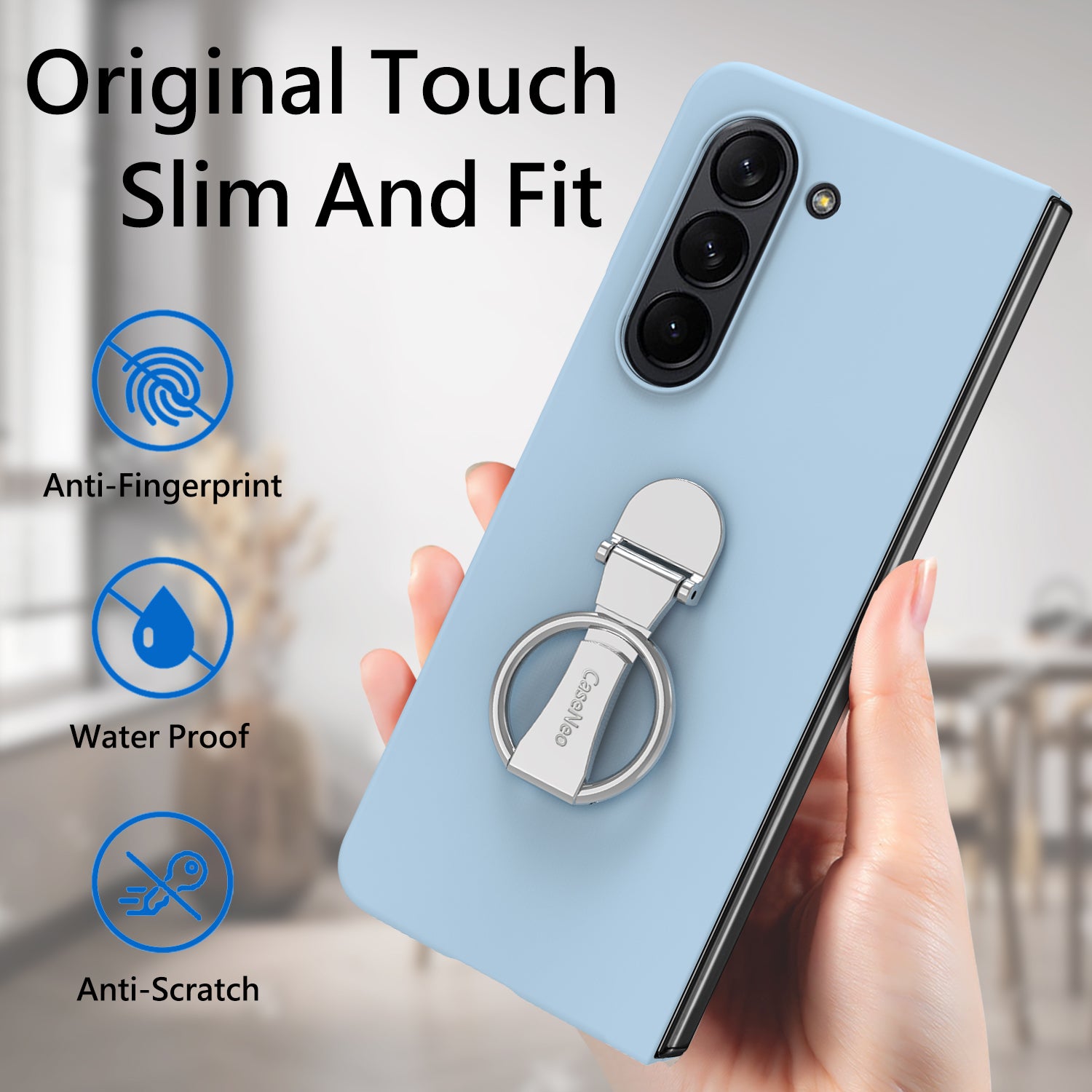 For Samsung Galaxy Z Fold6 5G Case Ring Holder PC Phone Cover with Tempered Glass Film - Baby Blue