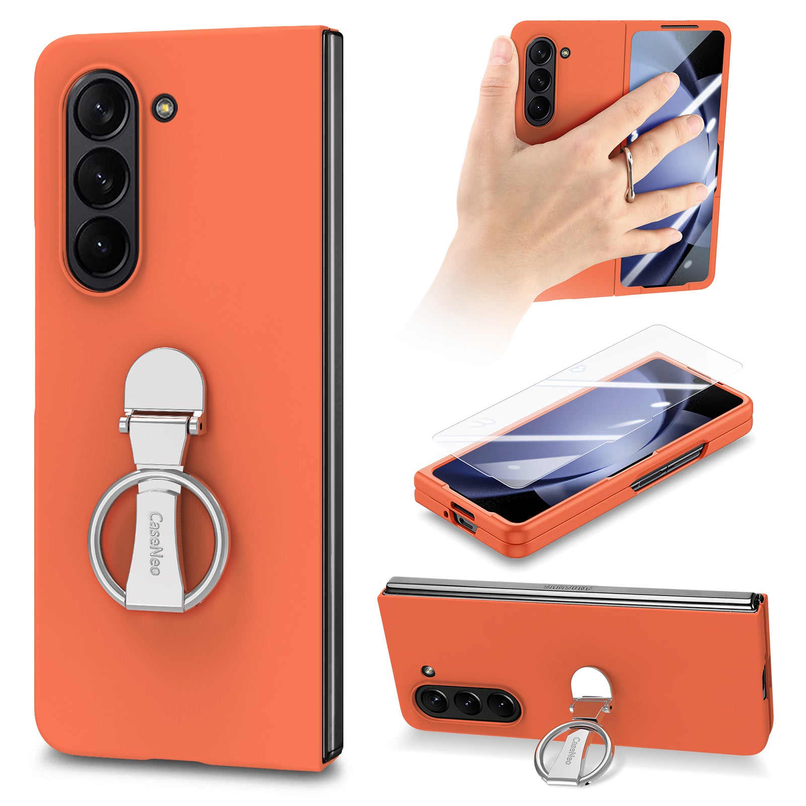 For Samsung Galaxy Z Fold6 5G Case Ring Holder PC Phone Cover with Tempered Glass Film - Orange