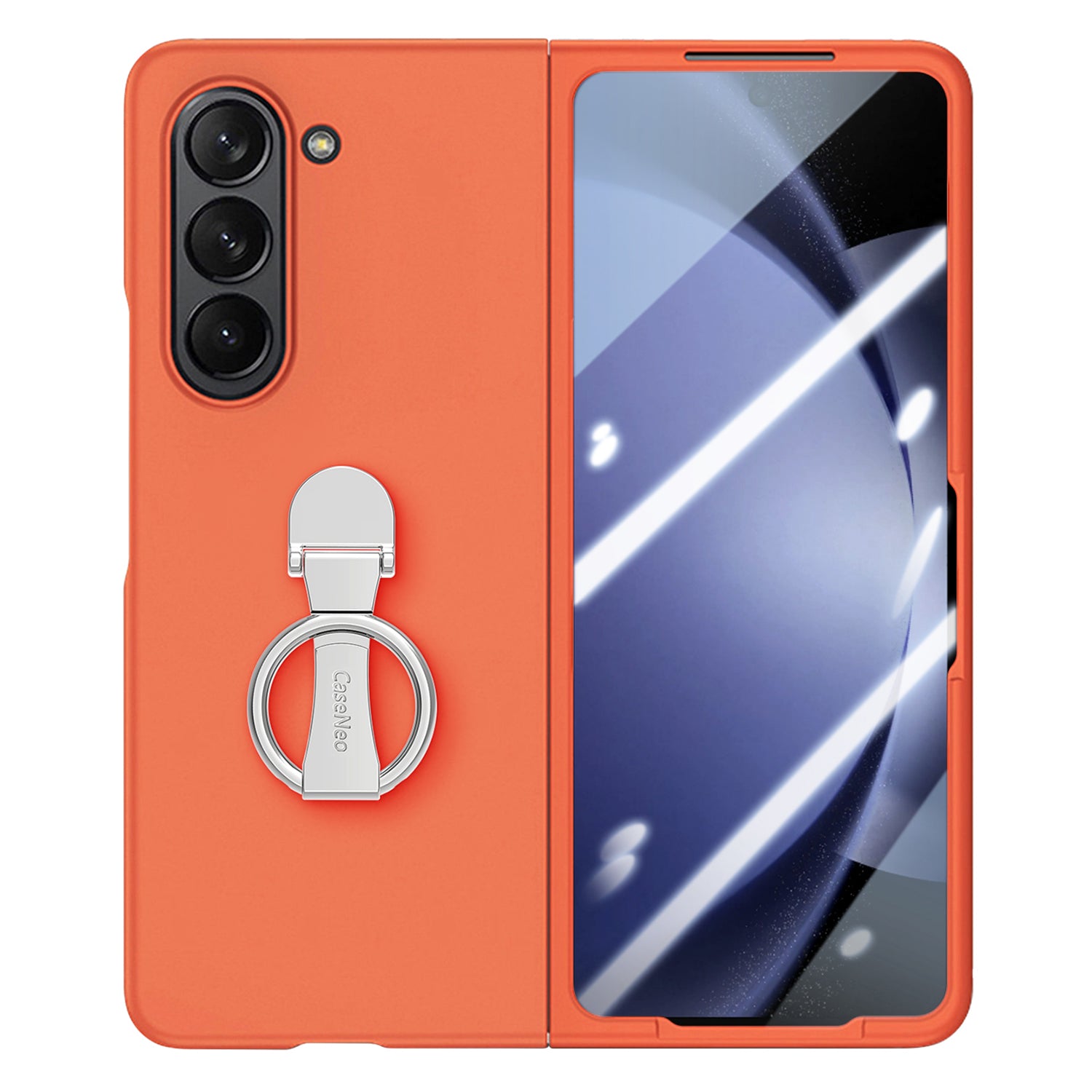For Samsung Galaxy Z Fold6 5G Case Ring Holder PC Phone Cover with Tempered Glass Film - Orange