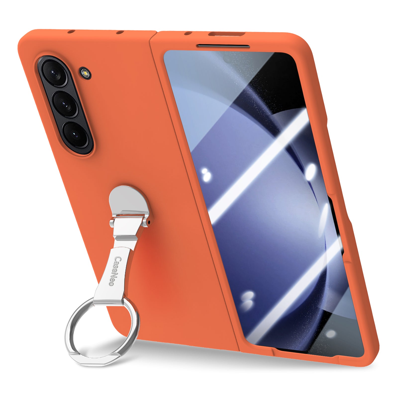 For Samsung Galaxy Z Fold6 5G Case Ring Holder PC Phone Cover with Tempered Glass Film - Orange