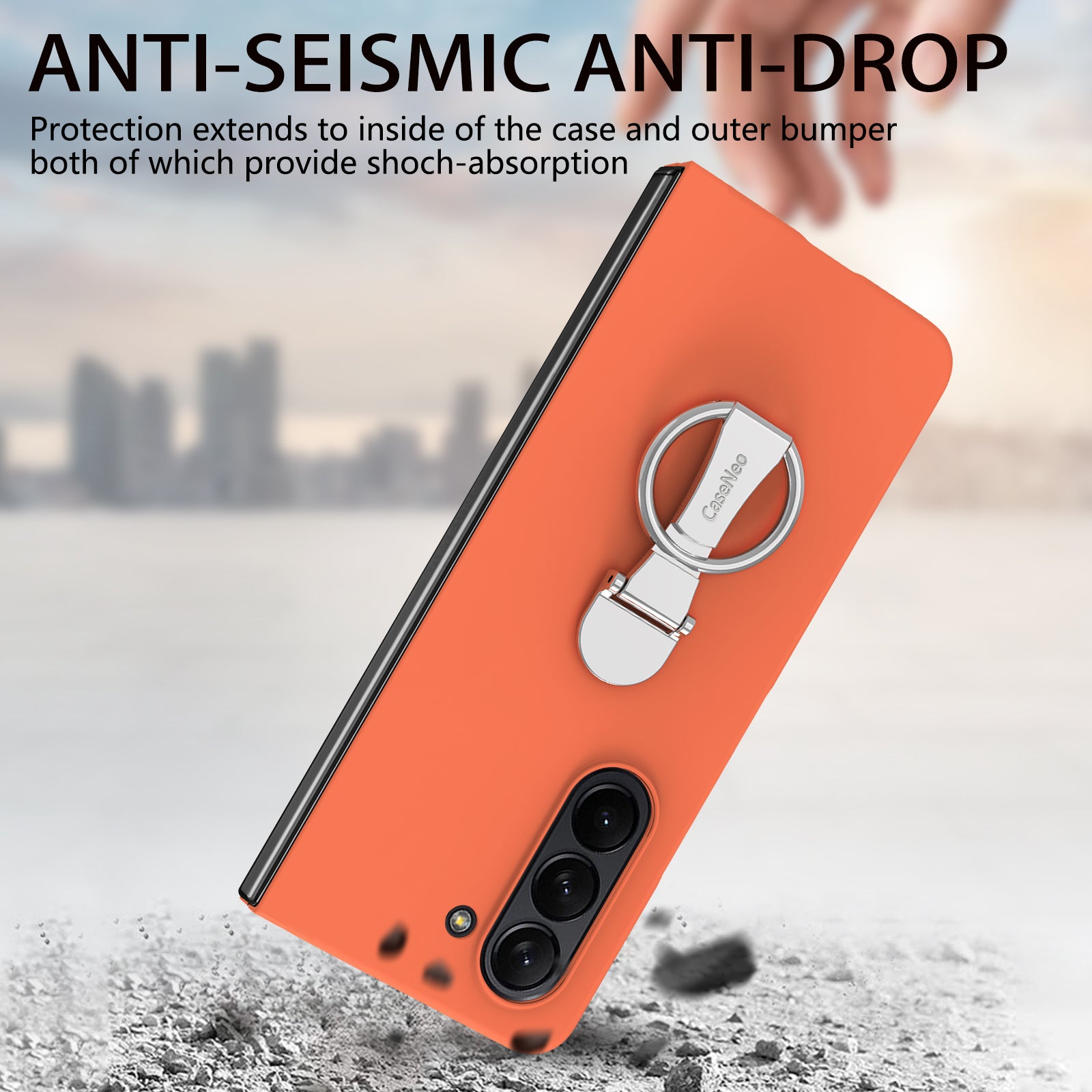 For Samsung Galaxy Z Fold6 5G Case Ring Holder PC Phone Cover with Tempered Glass Film - Orange