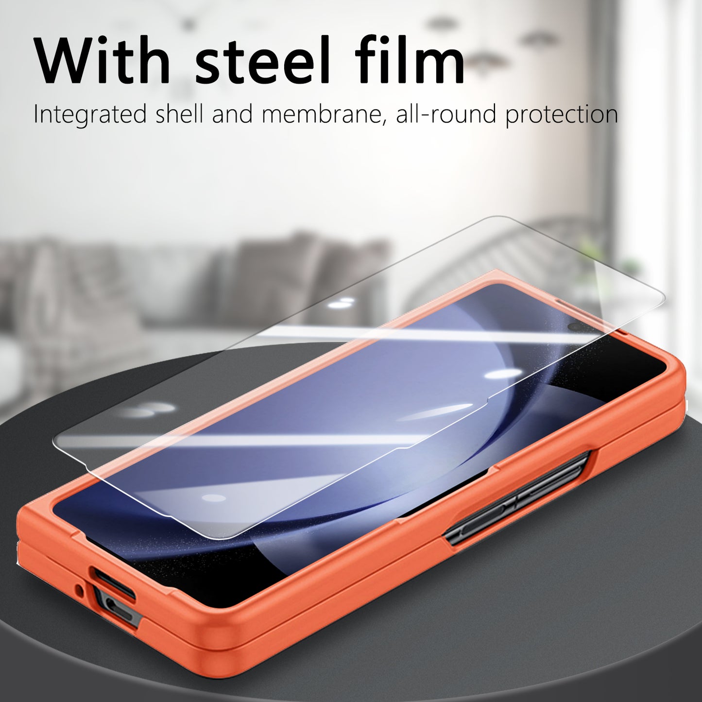For Samsung Galaxy Z Fold6 5G Case Ring Holder PC Phone Cover with Tempered Glass Film - Orange