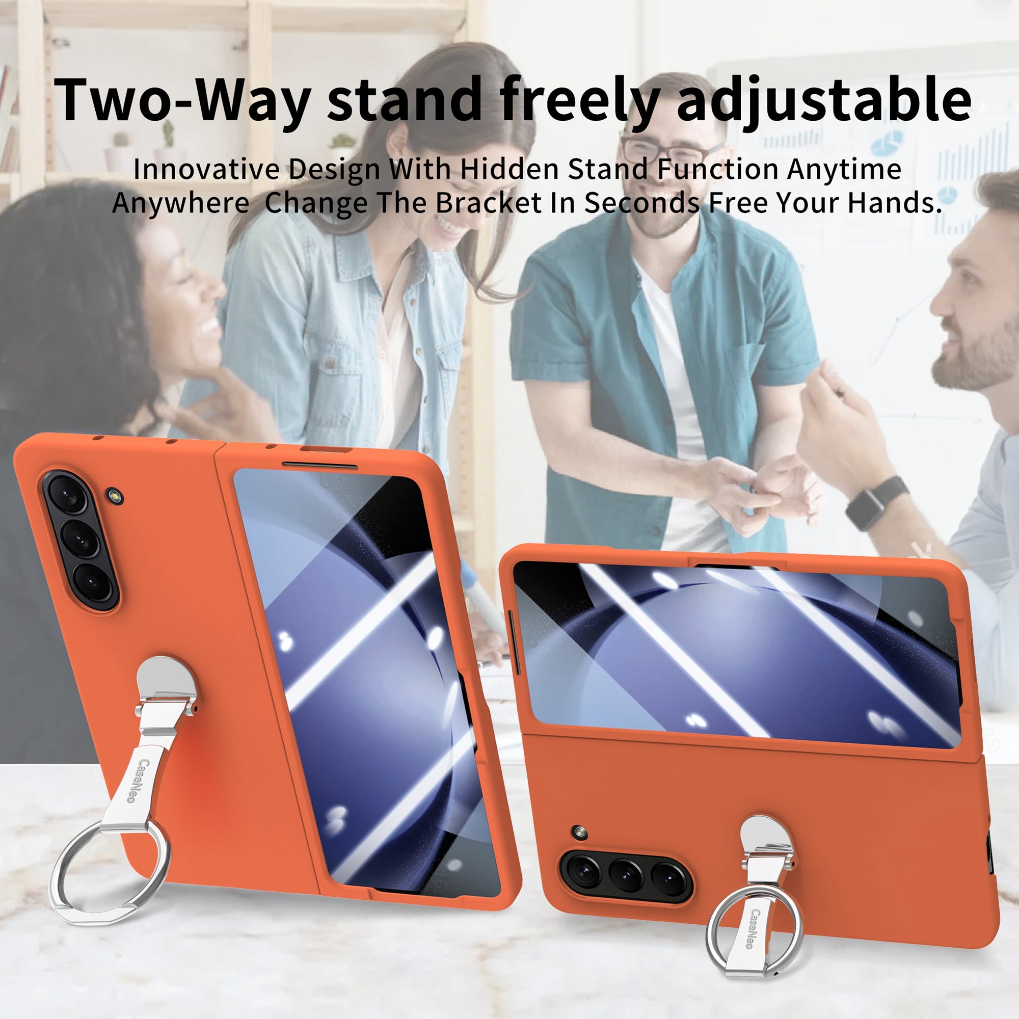 For Samsung Galaxy Z Fold6 5G Case Ring Holder PC Phone Cover with Tempered Glass Film - Orange