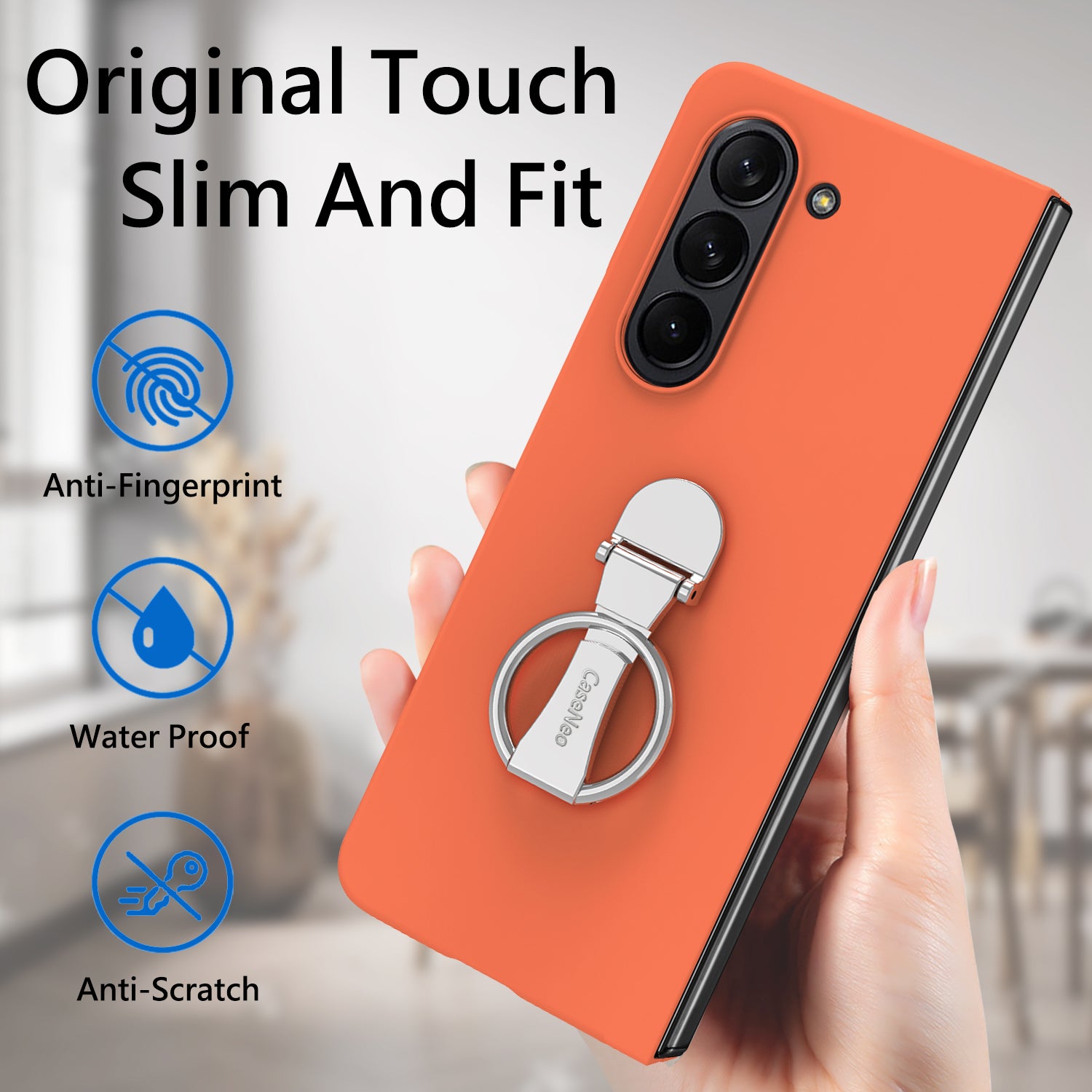 For Samsung Galaxy Z Fold6 5G Case Ring Holder PC Phone Cover with Tempered Glass Film - Orange