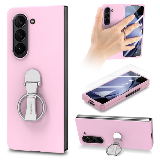 For Samsung Galaxy Z Fold6 5G Case Ring Holder PC Phone Cover with Tempered Glass Film - Pink