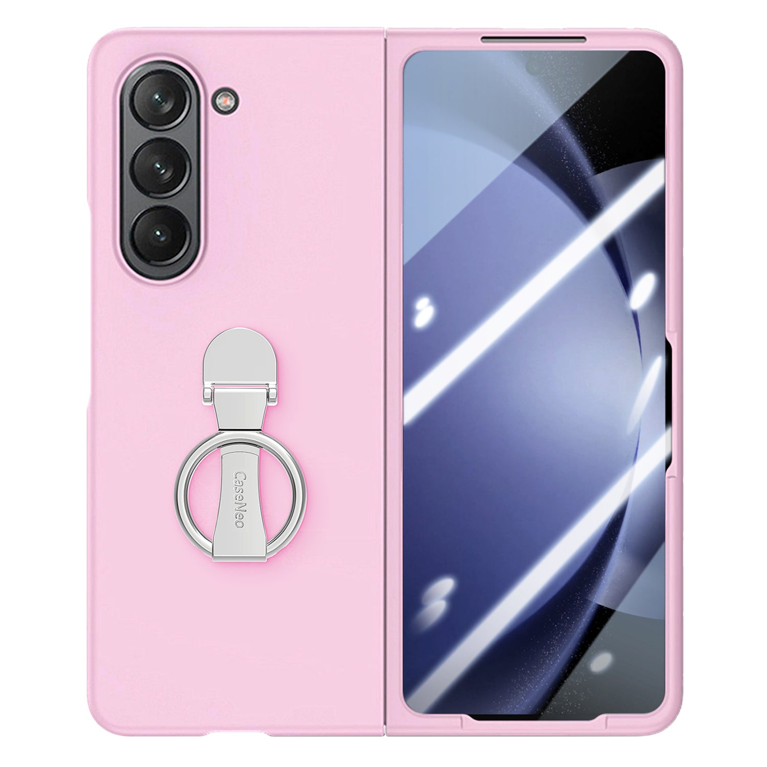 For Samsung Galaxy Z Fold6 5G Case Ring Holder PC Phone Cover with Tempered Glass Film - Pink