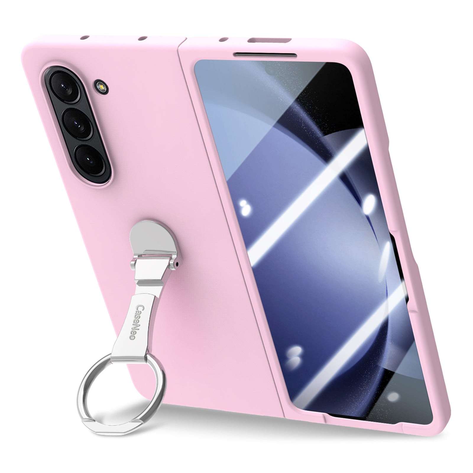 For Samsung Galaxy Z Fold6 5G Case Ring Holder PC Phone Cover with Tempered Glass Film - Pink