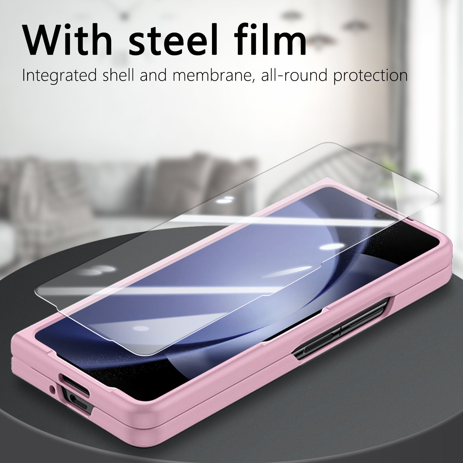 For Samsung Galaxy Z Fold6 5G Case Ring Holder PC Phone Cover with Tempered Glass Film - Pink