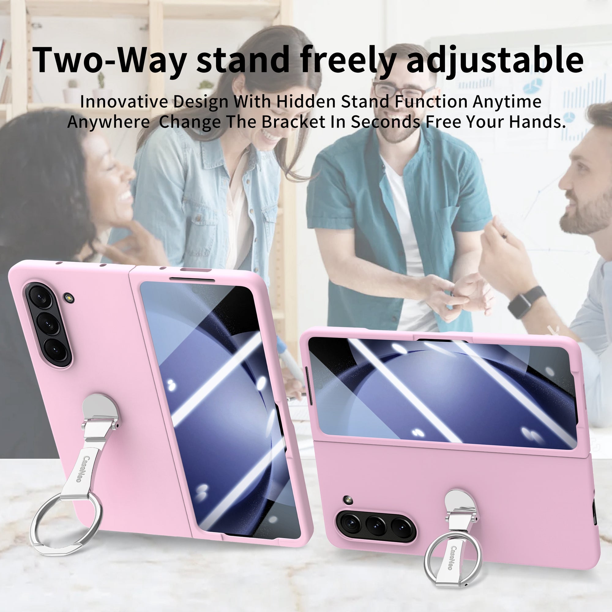 For Samsung Galaxy Z Fold6 5G Case Ring Holder PC Phone Cover with Tempered Glass Film - Pink