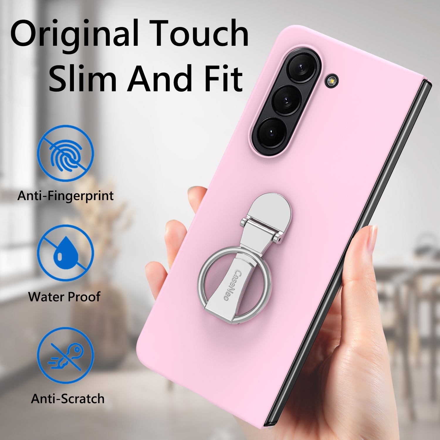 For Samsung Galaxy Z Fold6 5G Case Ring Holder PC Phone Cover with Tempered Glass Film - Pink