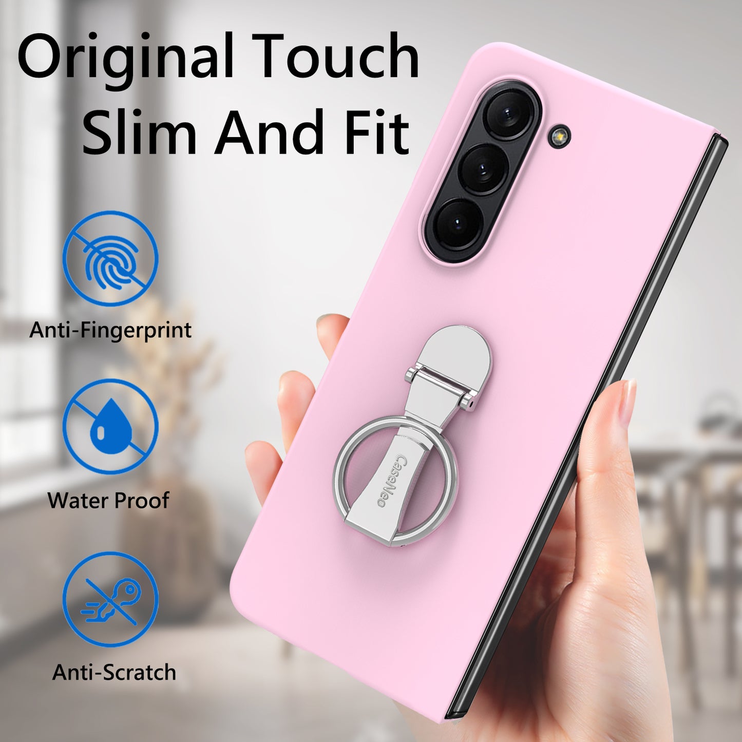 For Samsung Galaxy Z Fold6 5G Case Ring Holder PC Phone Cover with Tempered Glass Film - Pink