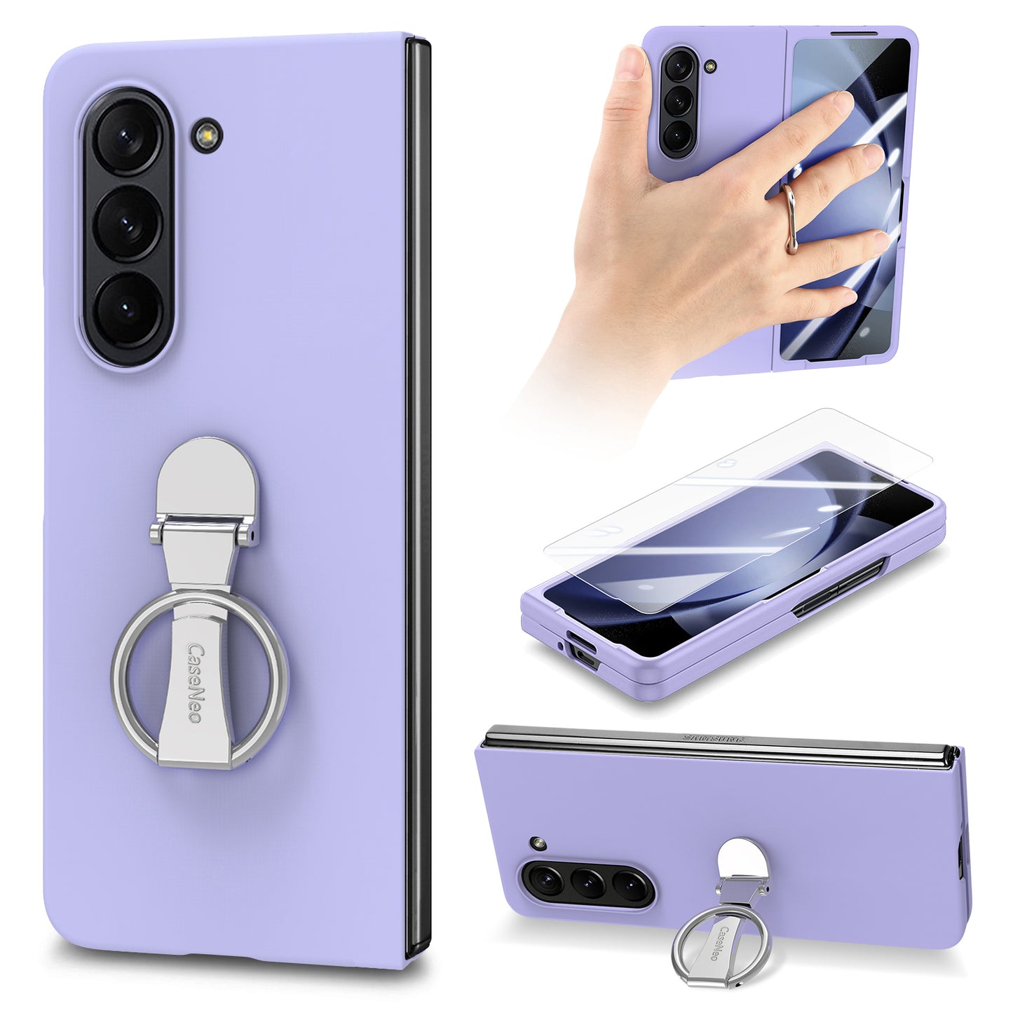 For Samsung Galaxy Z Fold6 5G Case Ring Holder PC Phone Cover with Tempered Glass Film - Purple