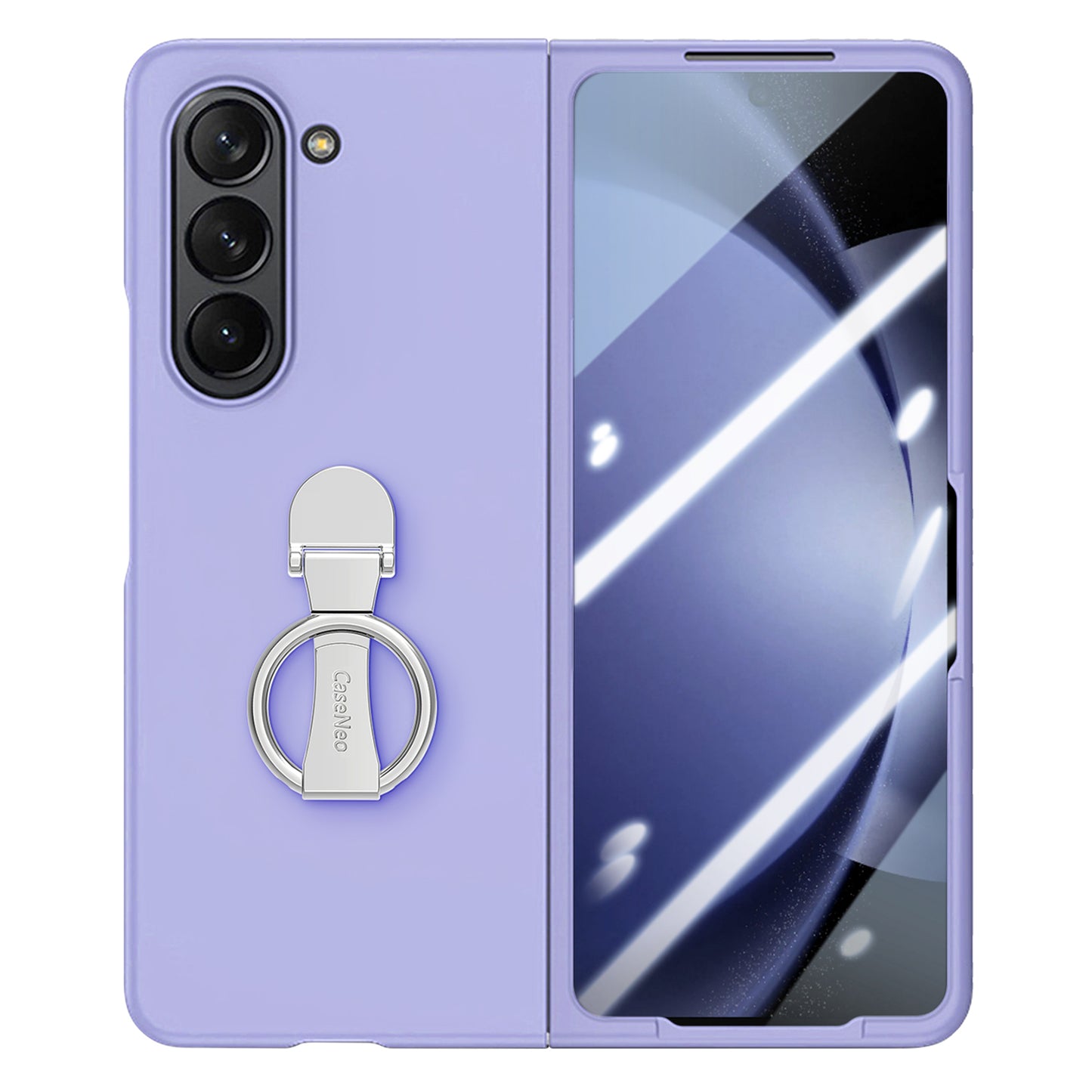 For Samsung Galaxy Z Fold6 5G Case Ring Holder PC Phone Cover with Tempered Glass Film - Purple