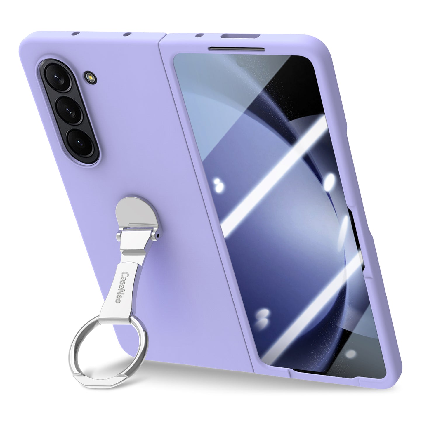 For Samsung Galaxy Z Fold6 5G Case Ring Holder PC Phone Cover with Tempered Glass Film - Purple
