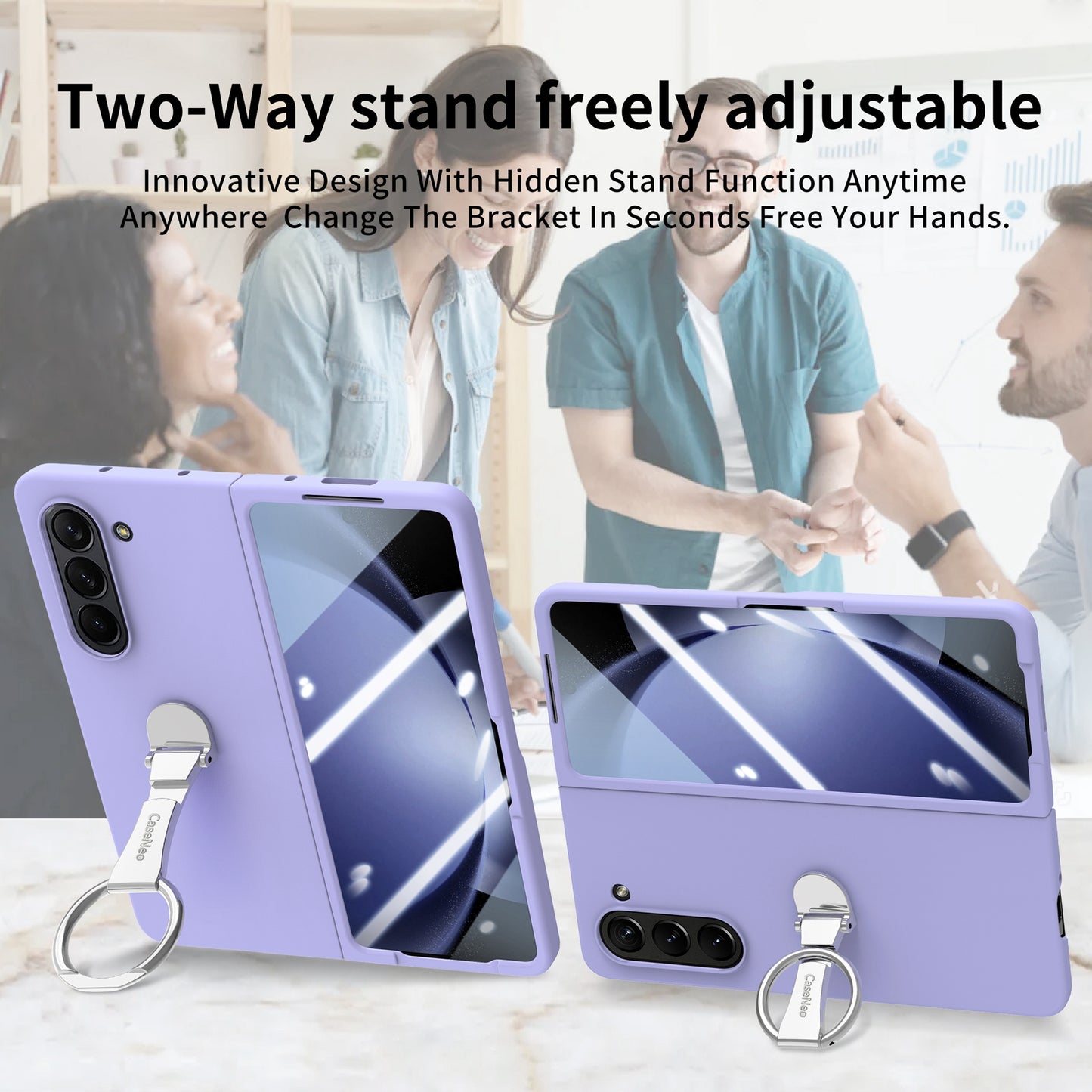 For Samsung Galaxy Z Fold6 5G Case Ring Holder PC Phone Cover with Tempered Glass Film - Purple