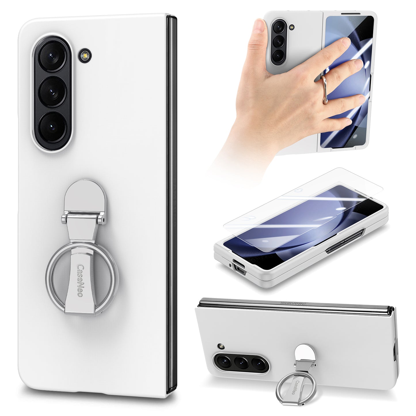 For Samsung Galaxy Z Fold6 5G Case Ring Holder PC Phone Cover with Tempered Glass Film - White