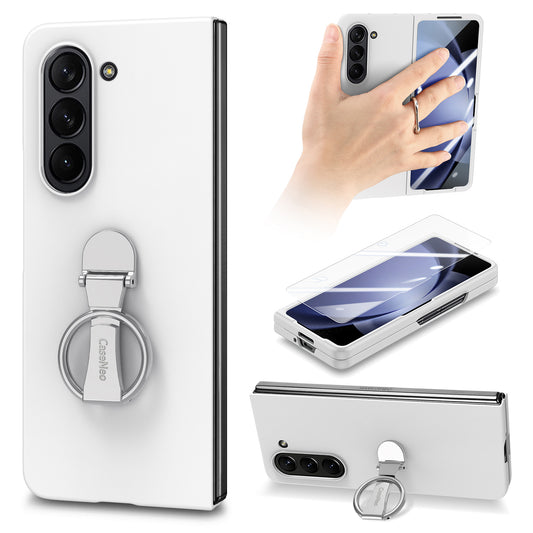For Samsung Galaxy Z Fold6 5G Case Ring Holder PC Phone Cover with Tempered Glass Film - White