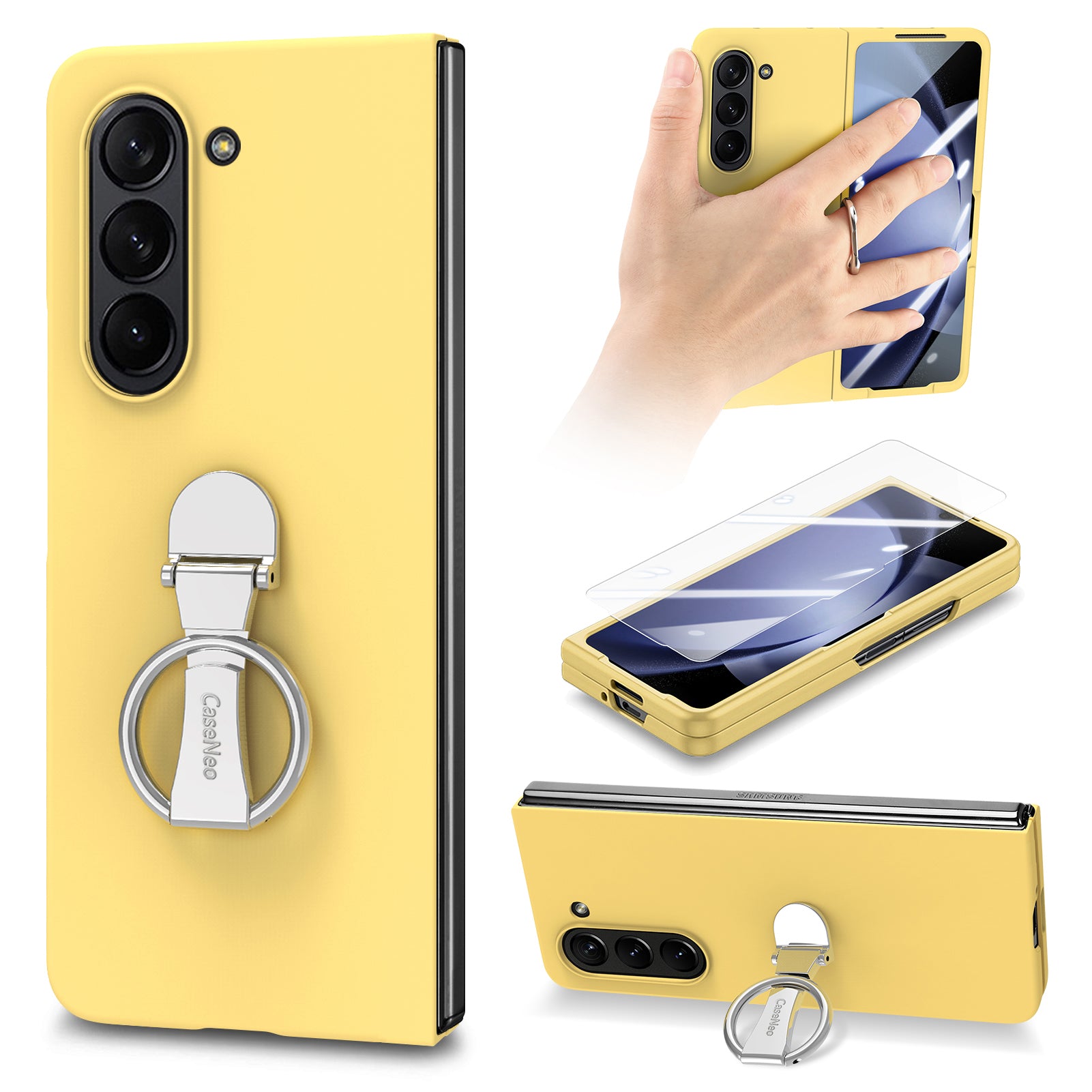 For Samsung Galaxy Z Fold6 5G Case Ring Holder PC Phone Cover with Tempered Glass Film - Yellow