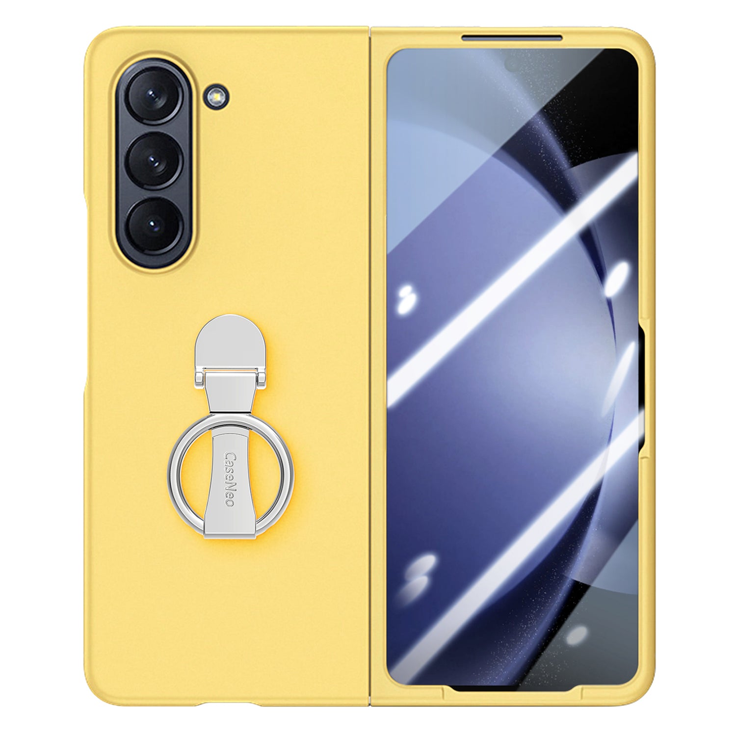 For Samsung Galaxy Z Fold6 5G Case Ring Holder PC Phone Cover with Tempered Glass Film - Yellow