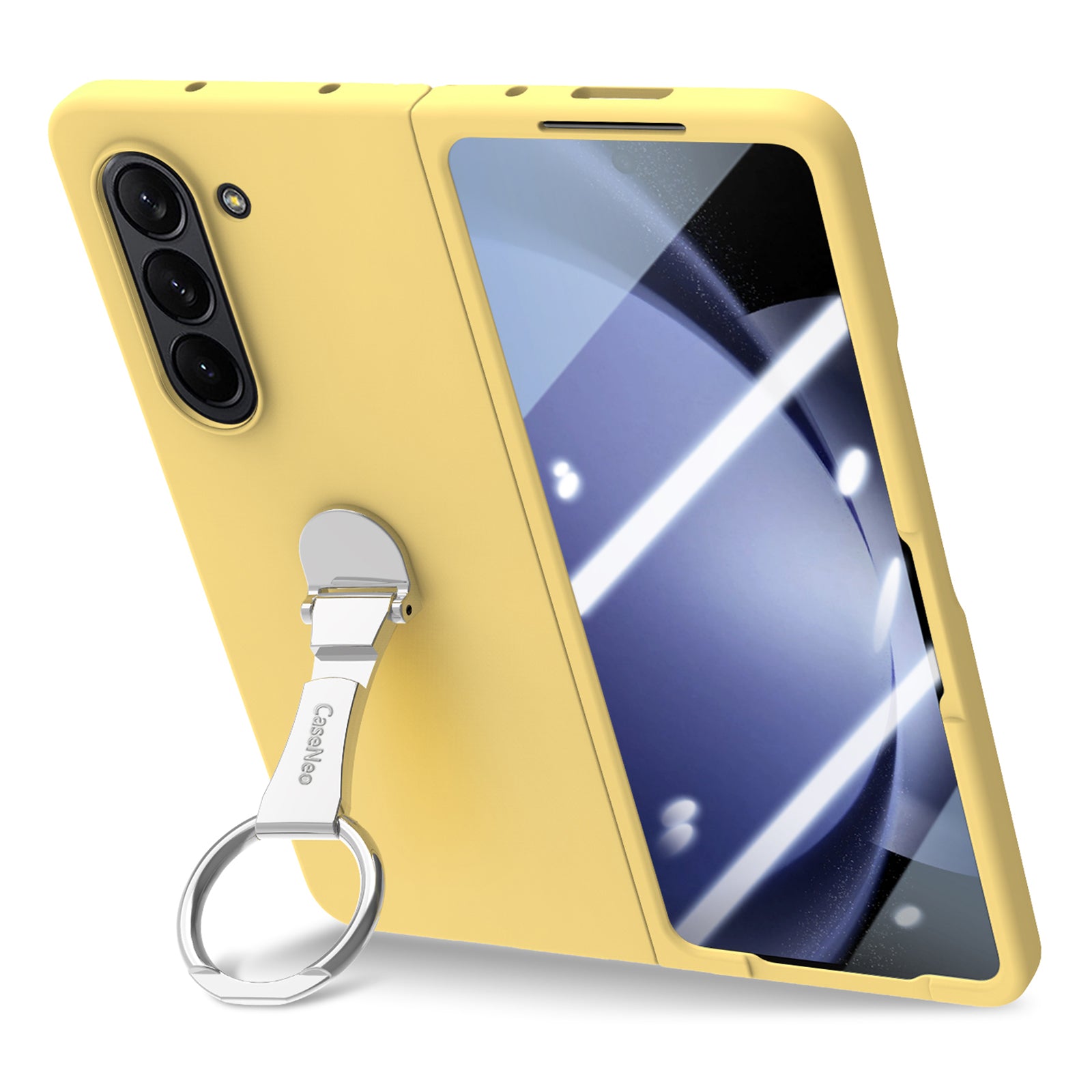 For Samsung Galaxy Z Fold6 5G Case Ring Holder PC Phone Cover with Tempered Glass Film - Yellow