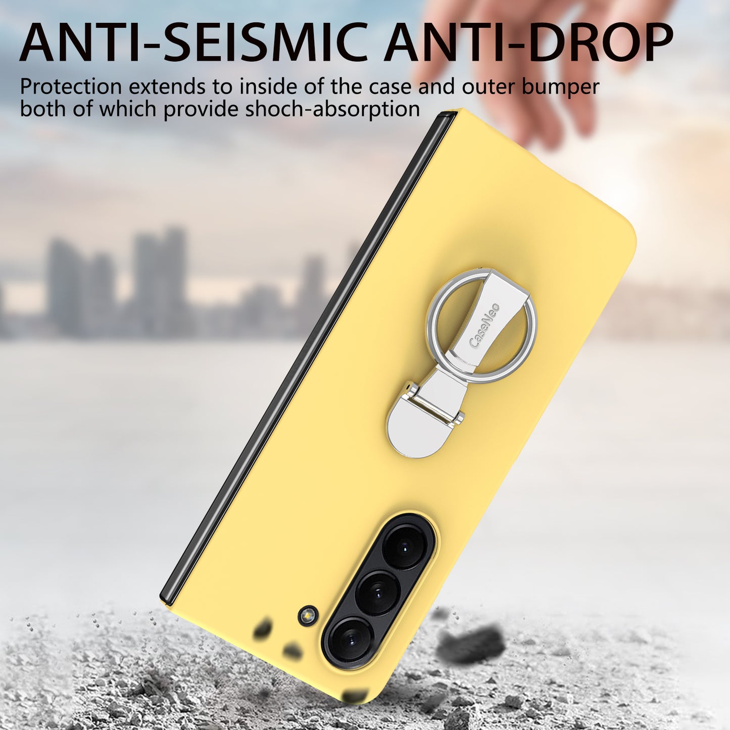 For Samsung Galaxy Z Fold6 5G Case Ring Holder PC Phone Cover with Tempered Glass Film - Yellow