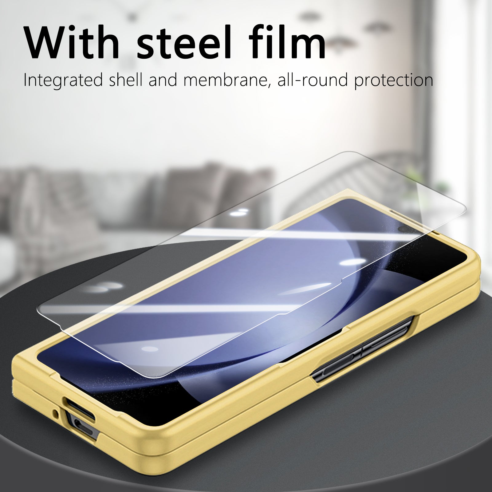 For Samsung Galaxy Z Fold6 5G Case Ring Holder PC Phone Cover with Tempered Glass Film - Yellow