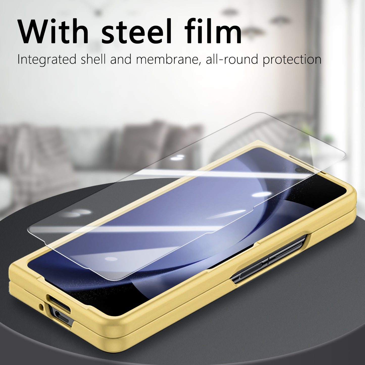For Samsung Galaxy Z Fold6 5G Case Ring Holder PC Phone Cover with Tempered Glass Film - Yellow