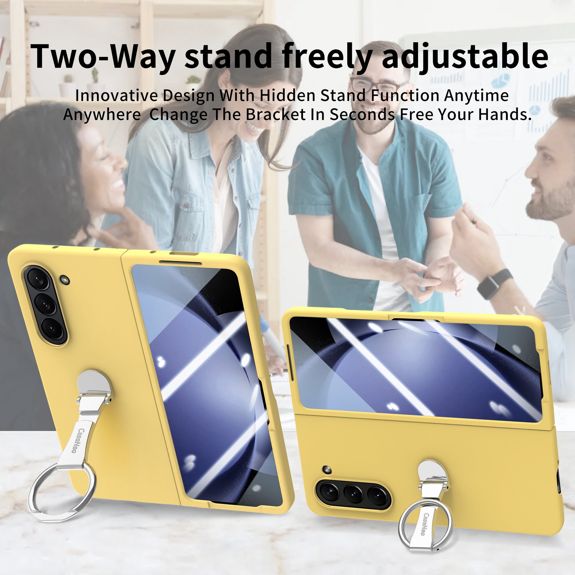 For Samsung Galaxy Z Fold6 5G Case Ring Holder PC Phone Cover with Tempered Glass Film - Yellow