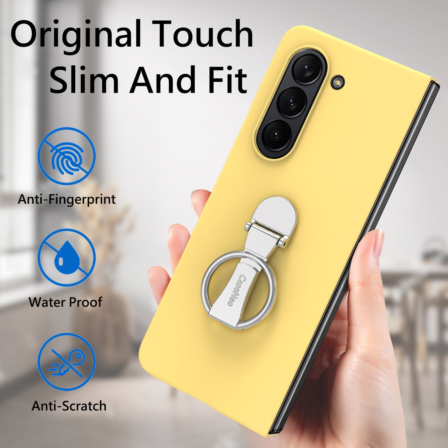 For Samsung Galaxy Z Fold6 5G Case Ring Holder PC Phone Cover with Tempered Glass Film - Yellow