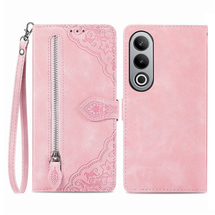For OnePlus Nord CE4 5G Wallet Case Zipper Folio Leather Phone Cover Imprinted Floral - Pink