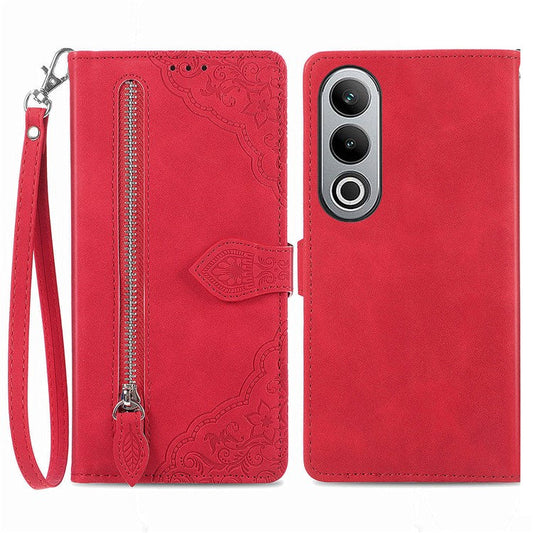 For OnePlus Nord CE4 5G Wallet Case Zipper Folio Leather Phone Cover Imprinted Floral - Red